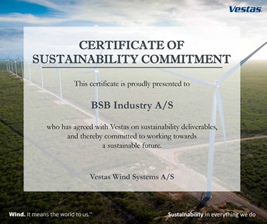 BSB Industry AS Vestas Bæredygtigheds Certifikat